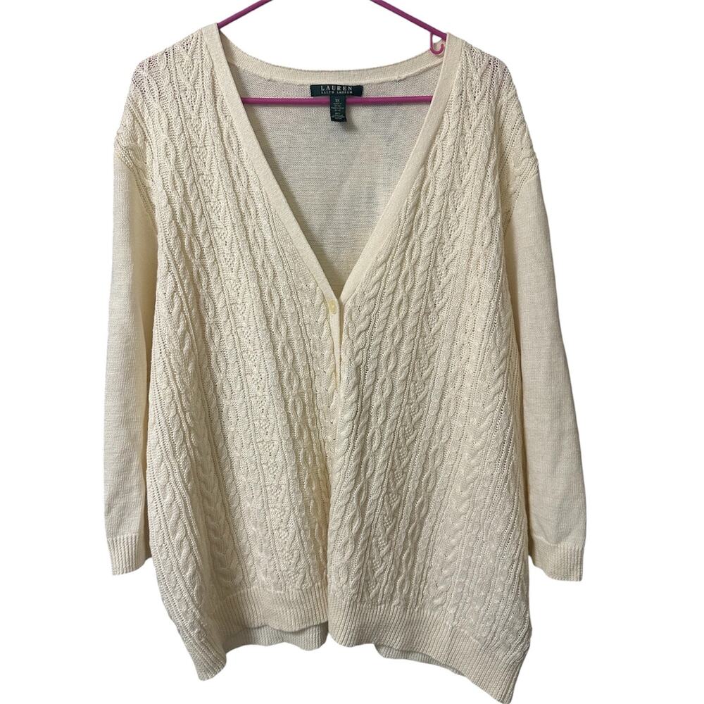 Lauren Ralph Lauren 3X Cream Cable Knit Button Front Cardigan Linen Cotton